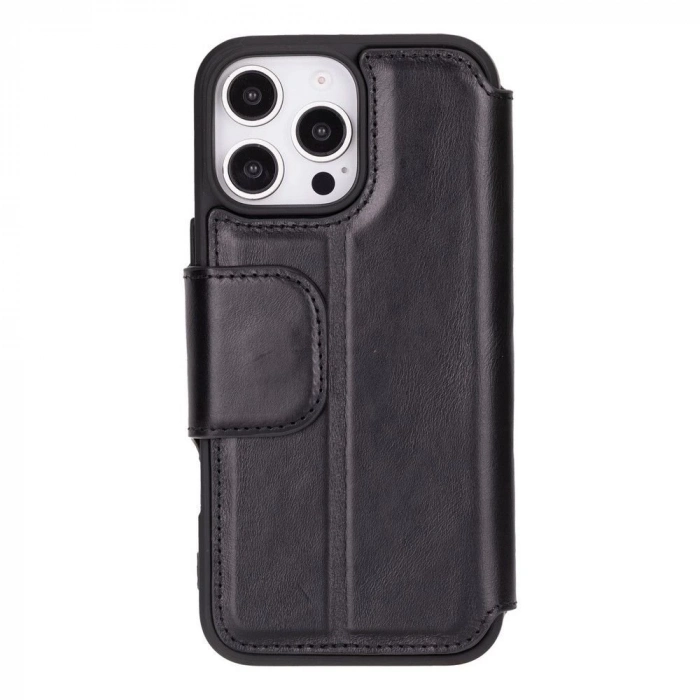 ÇOK SATAN Apple iPhone 16 Pro Max uyumlu, Hakiki Deri, El Yapımı, Cüzdanlı Kılıf, Parlak Siyah
