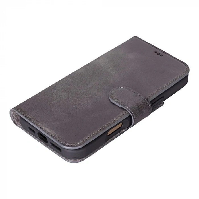 ÇOK SATAN Apple iPhone 16 Pro uyumlu, Hakiki Deri, El Yapımı, Cüzdanlı Kılıf, Gölgeli Gri