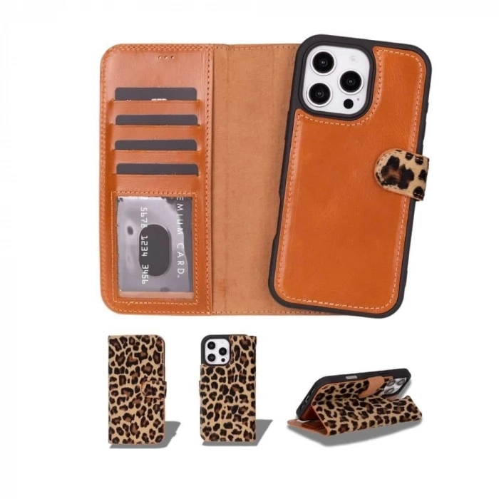 ÇOK SATAN Apple iPhone 16 Pro uyumlu, Hakiki Deri, El Yapımı, Cüzdanlı Kılıf, Leopar