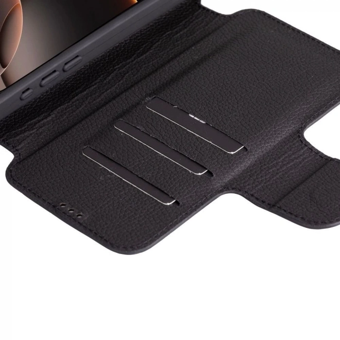 ÇOK SATAN Apple iPhone 16 Pro uyumlu, Hakiki Deri, El Yapımı, Cüzdanlı Kılıf, Parlak Siyah