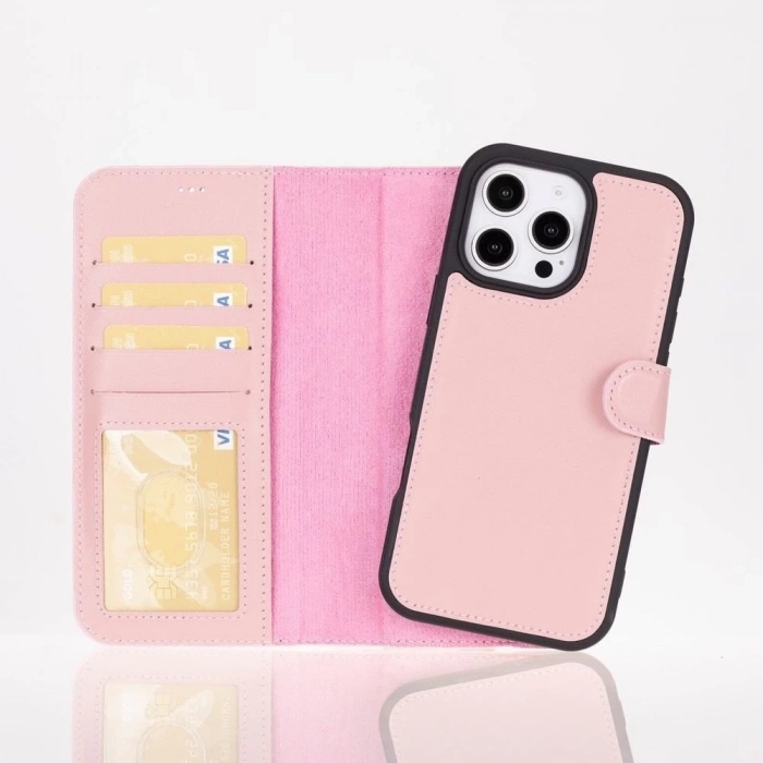 ÇOK SATAN Apple iPhone 16 Pro uyumlu, Hakiki Deri, El Yapımı, Cüzdanlı Kılıf, Toz Pembe