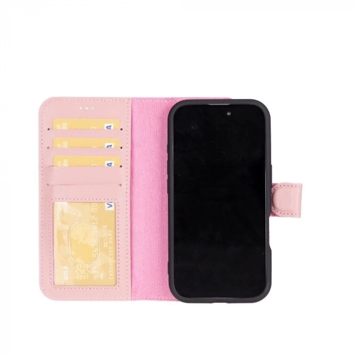 ÇOK SATAN Apple iPhone 16 uyumlu, Hakiki Deri, El Yapımı, Cüzdanlı Kılıf, Toz Pembe