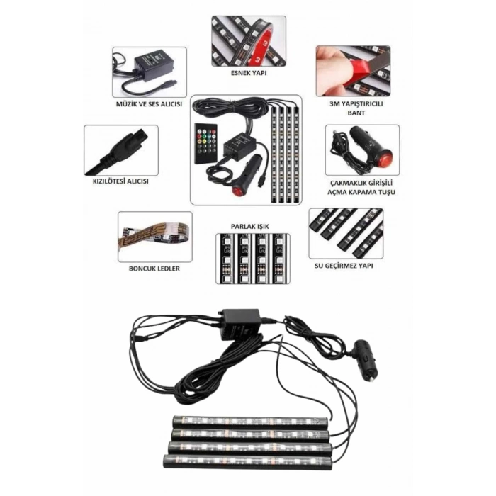 ÇOK SATAN Araç İçi Ayak Altı Led 12 Led Işık Sese Müziğe Duyarlı RGB Işıklı Aydınlatma Seti