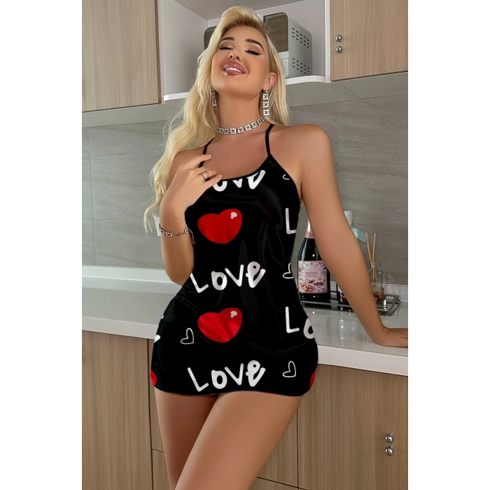 ÇOK SATAN Aşk Temalı Kalp Desenli Siyah Saten Gecelik