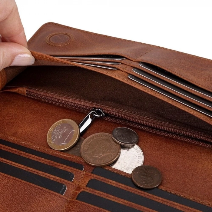 ÇOK SATAN Aura Hakiki Deri, El Yapımı, Telefon Bölmeli, Kadın Cüzdanı, Açık Kahve