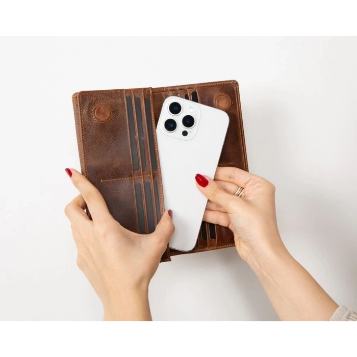 ÇOK SATAN Aura Hakiki Deri, El Yapımı, Telefon Bölmeli, Kadın Cüzdanı, Antik Kahve