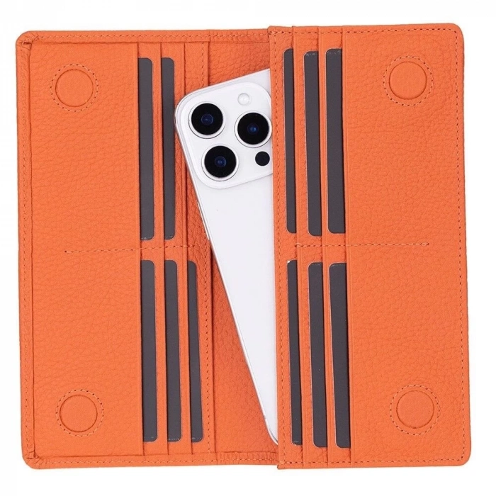 ÇOK SATAN Aura Hakiki Deri, El Yapımı, Telefon Bölmeli, Kadın Cüzdanı, Portakal Renk