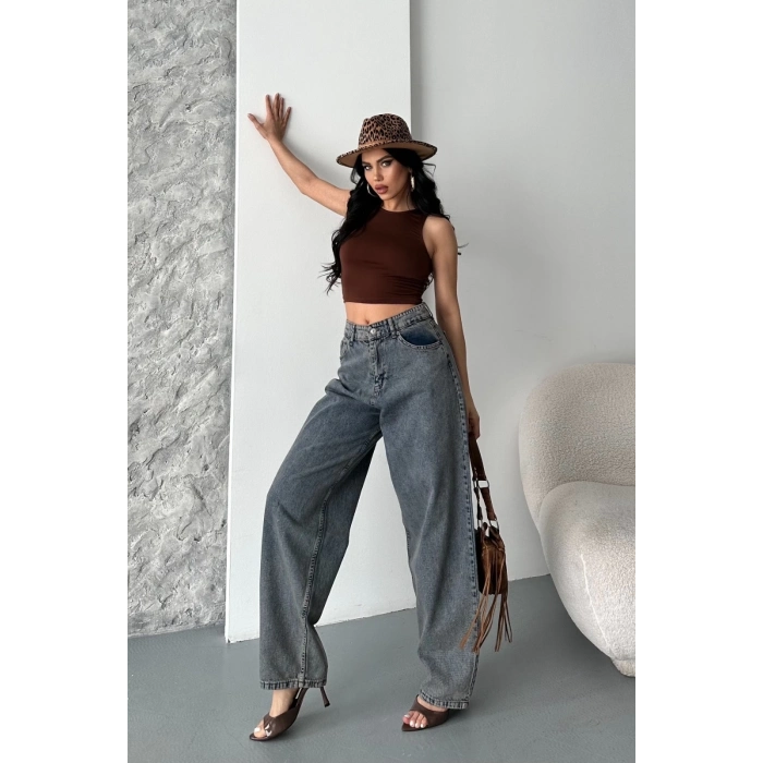 ÇOK SATAN Baggy kar yıkama eskitme kahve jeans pantolon d2007