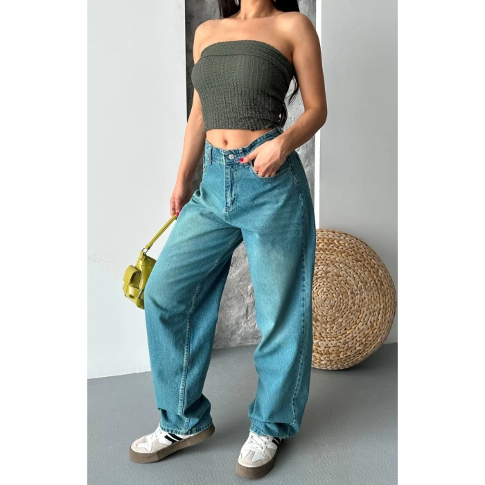 ÇOK SATAN Baggy taş enzim bıyık yıkama jeans pantolon yeşil tint d2007