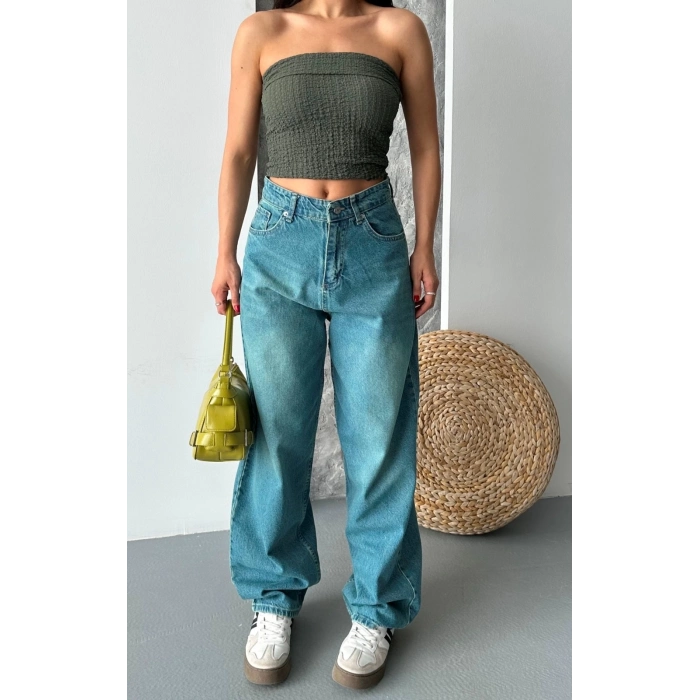 ÇOK SATAN Baggy taş enzim bıyık yıkama jeans pantolon yeşil tint d2007