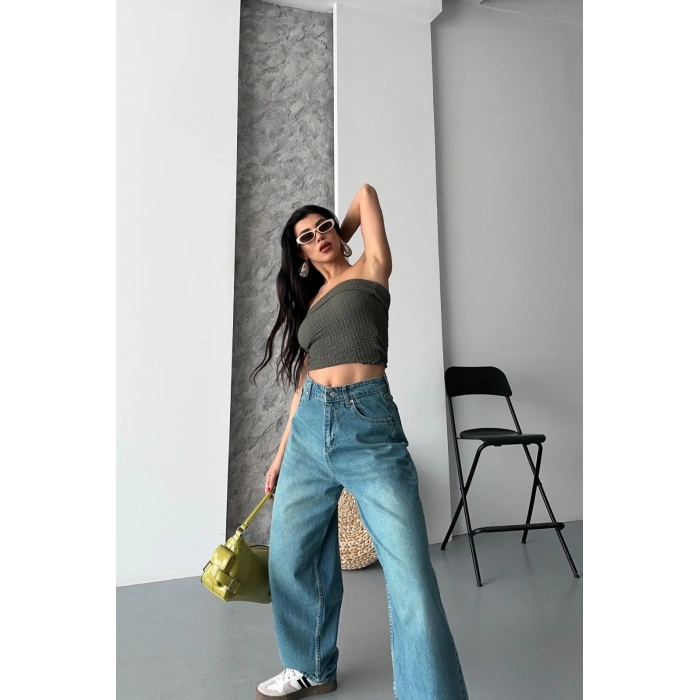 ÇOK SATAN Baggy taş enzim bıyık yıkama jeans pantolon yeşil tint d2007