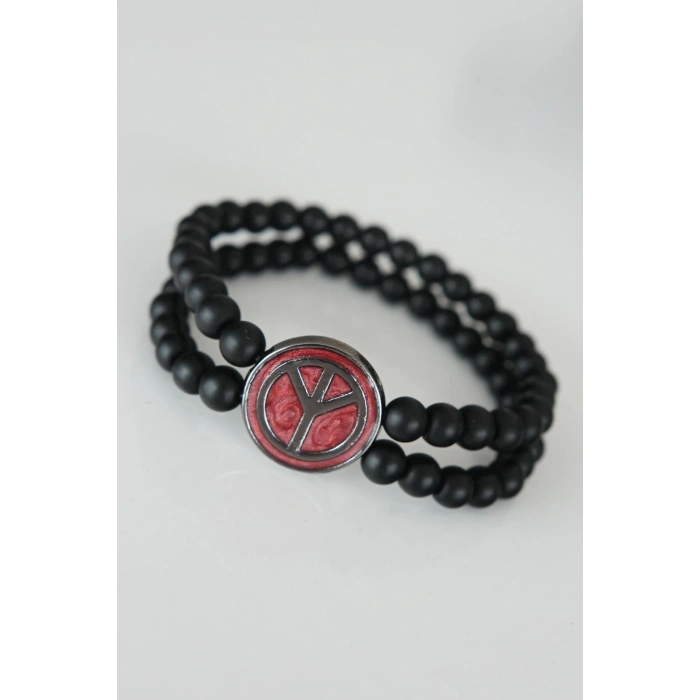 ÇOK SATAN Barış Figürlü Bordo Renk Füme Metal Aksesuarlı Çift Sıra Oniks Doğal Taş Erkek Bileklik