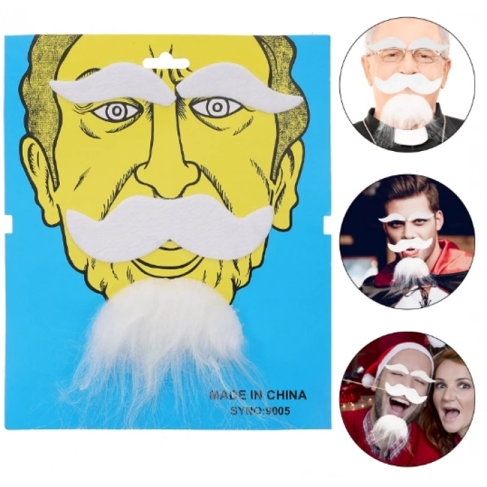 ÇOK SATAN Beyaz Renk Kendinden Yapışkanlı Takma Sakal Bıyık Ve Kaş Seti