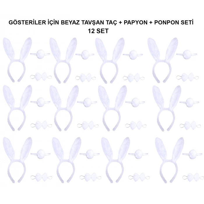 ÇOK SATAN Beyaz Tavşan Kostüm Seti – Taç, Papyon, Kuyruk (12’li Paket)