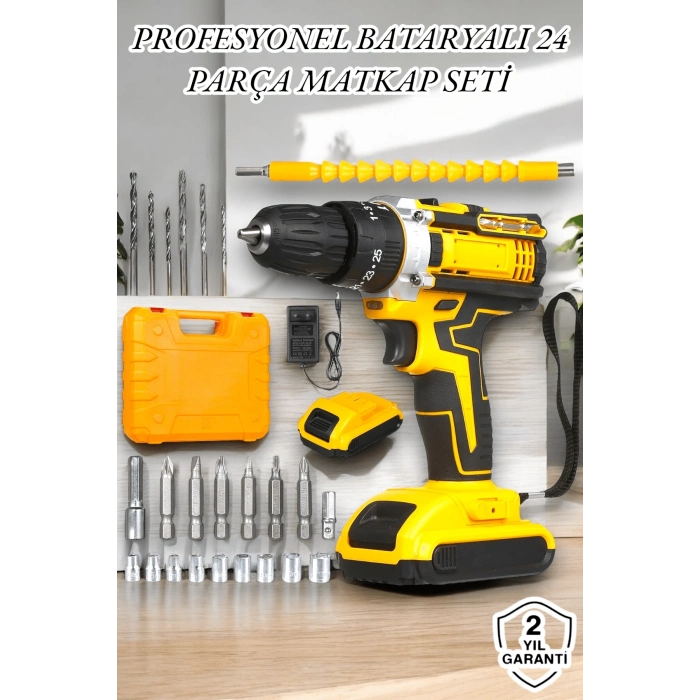 BFS 24 Parça Çift Bataryalı Şarjlı Matkap Seti 24W Motor ve Otomatik Mil Kilitli Tasarım