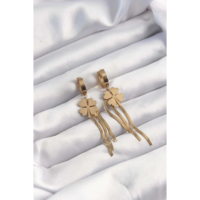 BFS 316L Çelik Altın Renk İtalyan Zincirli Yonca Model Halka Küpe