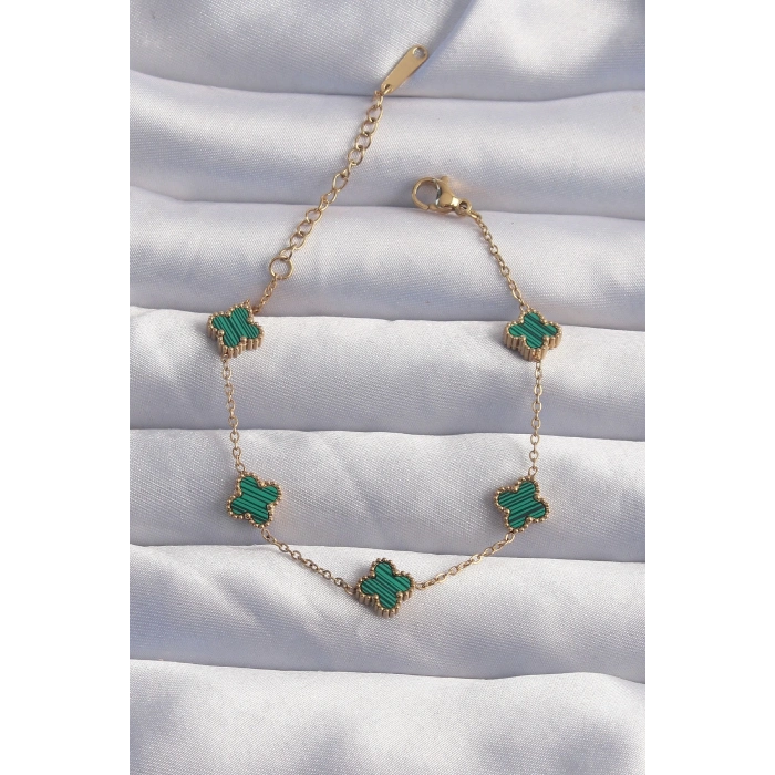 BFS 316L Çelik Baby Boy Gold Renk Çizgili Yeşil Mineli Yonca Bileklik