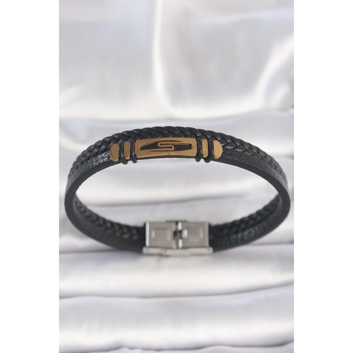 BFS 316L Çelik Gold Renk Aksesuarlı Çift Sıra Siyah Burgu Desenli Deri Kordon Erkek Bileklik