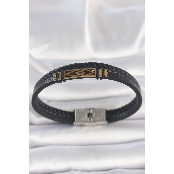 BFS 316L Çelik Gold Renk Aksesuarlı Çift Sıra Siyah Burgu Desenli Deri Kordon Erkek Bileklik