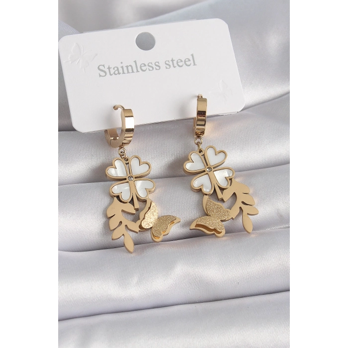 BFS 316L Çelik Gold Renk Beyaz Sedefli Yonca Simli Kelebek Figür Kadın Küpe