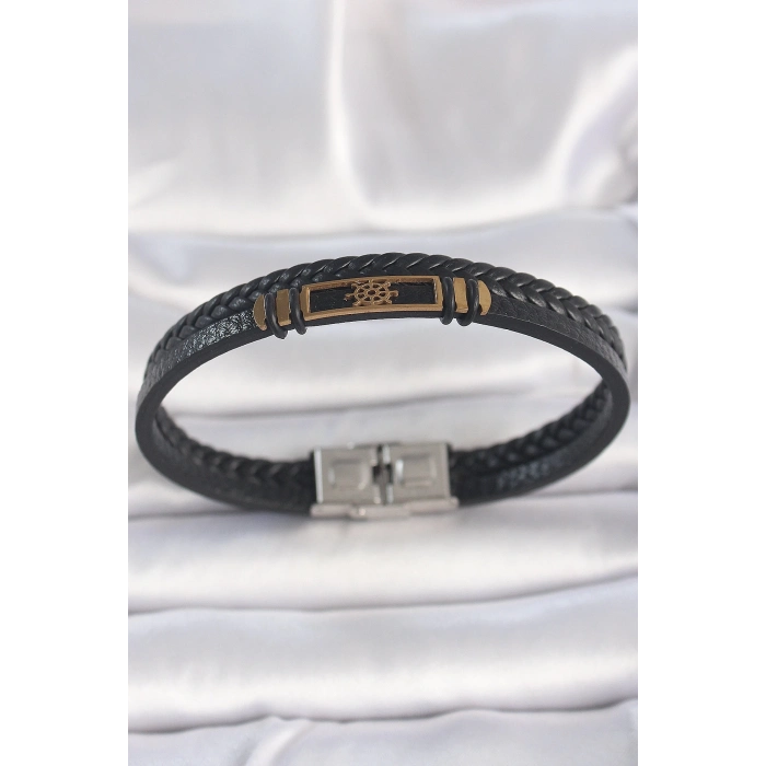 ÇOK SATAN BFS 316L Çelik Gold Renk Gemi Dümeni Aksesuarlı Çift Sıra Burgu Desenli Deri Kordon Erkek Bileklik