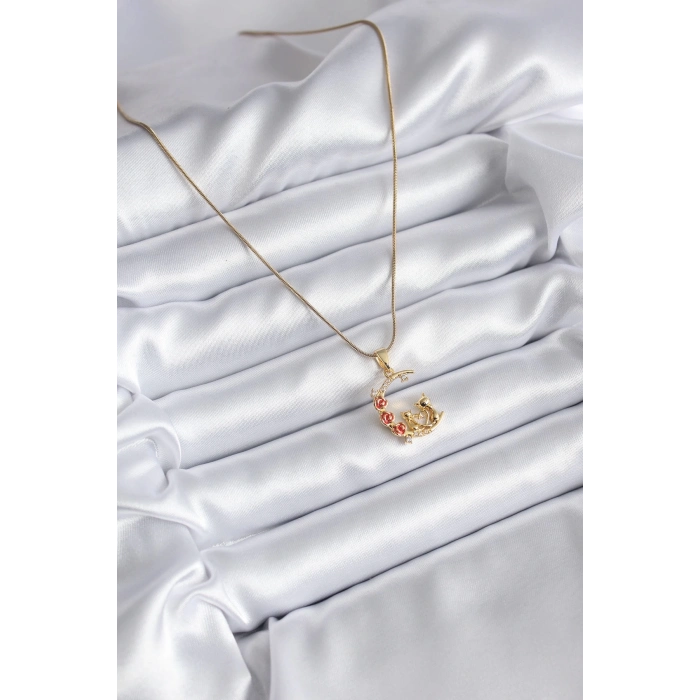 ÇOK SATAN BFS 316L Çelik Gold Renk Hilal Kedi Model Zirkon Taşlı Detay Kadın Kolye