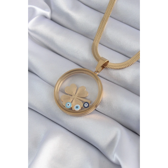 ÇOK SATAN BFS 316L Çelik Gold Renk İtalyan Zincir Açılabilir Fanus Yonca Figür Model Kadın Kolye