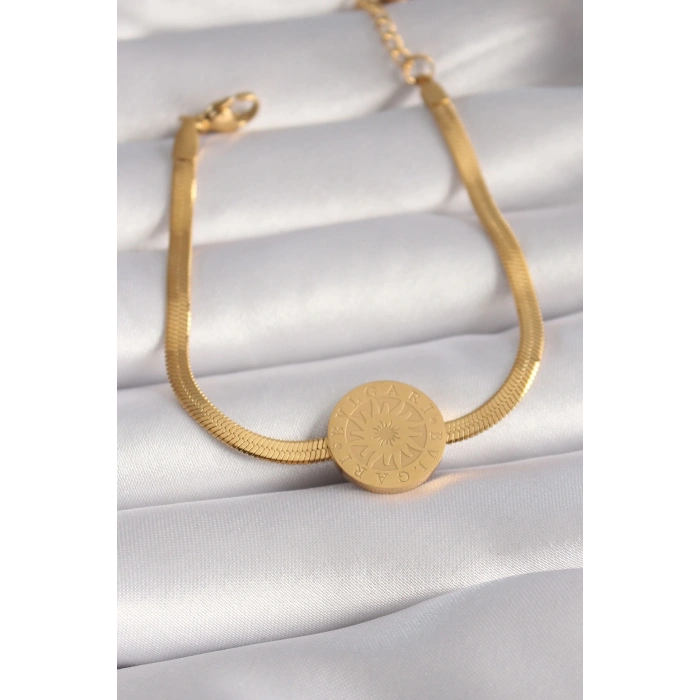 ÇOK SATAN BFS 316L Çelik Gold Renk İtalyan Zincir Model İşlemeli Madalyon Figür Kadın Bileklik