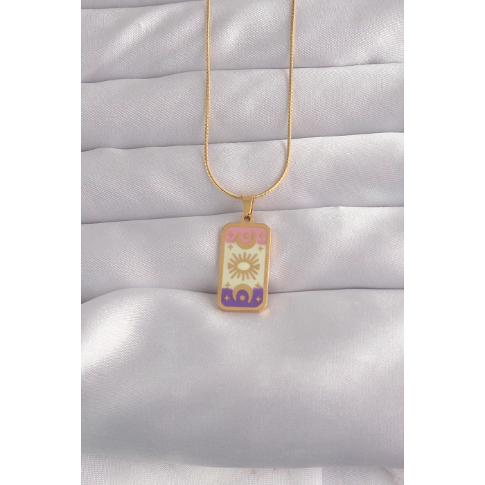 BFS 316L Çelik Gold Renk Karışık Mineli Ay Figür Tarot Kolye