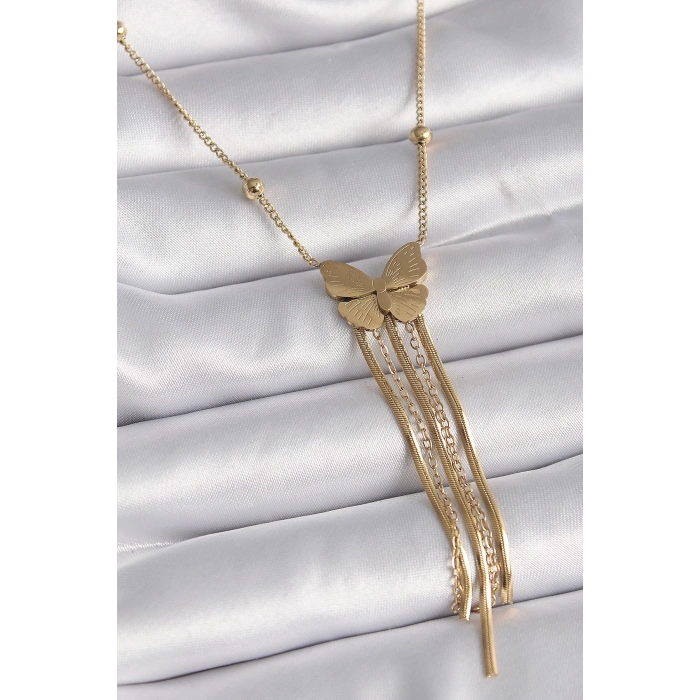 BFS 316L Çelik Gold Renk Kelebek Figür Sallantı İtalyan Zincirli Kadın Kolye