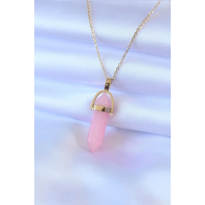 ÇOK SATAN BFS 316L Çelik Gold Renk Kristal Pembe Taş Model Kadın kolye