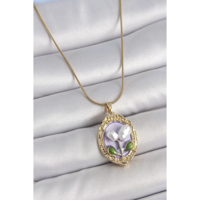 BFS 316L Çelik Gold Renk Mor İncili Çiçek İşlemeli Portre Model Kadın Kolye