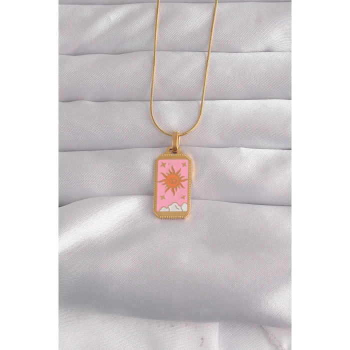 BFS 316L Çelik Gold Renk Pembe Mineli Güneş Model Tarot Kolye