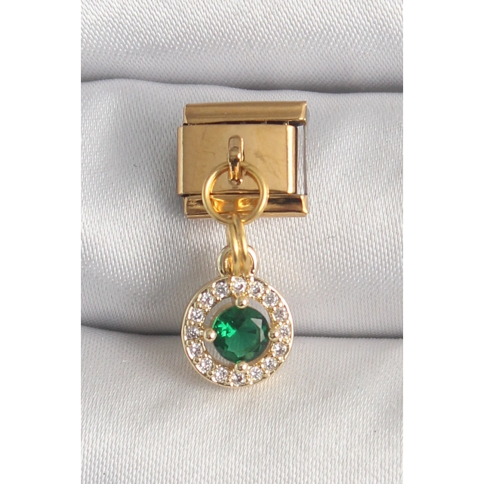 BFS 316L Çelik Gold Renk Sallantı Yeşil Zirkon Taşlı Nomination Charm
