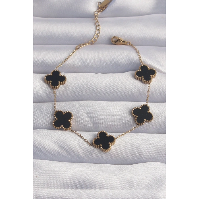 ÇOK SATAN BFS 316L Çelik Gold Renk Siyah Mineli Yonca Bileklik