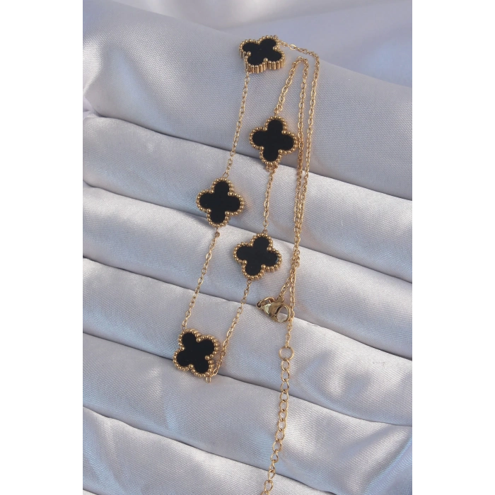 BFS 316L Çelik Gold Renk Siyah Mineli Yonca Kolye