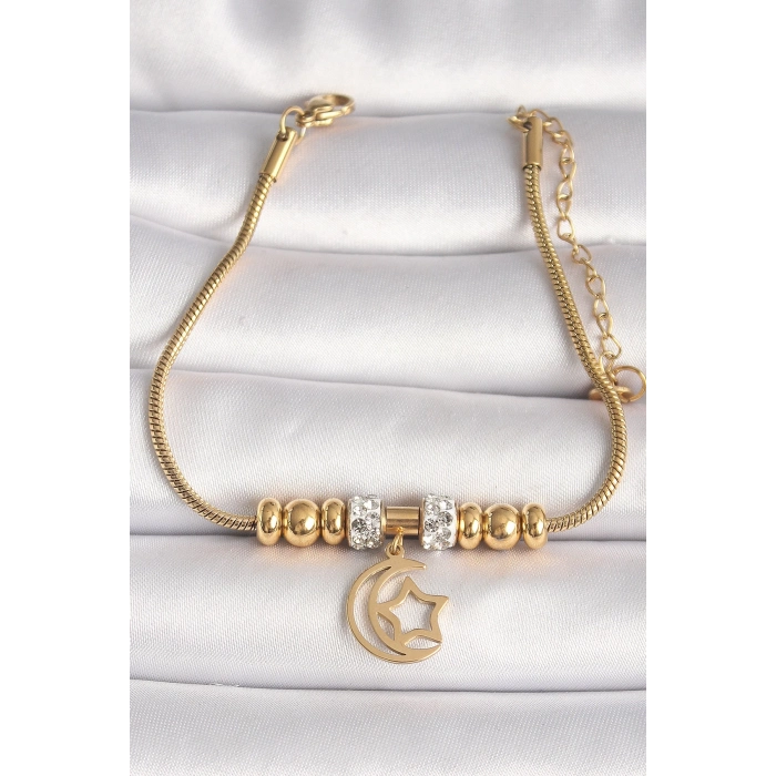 BFS 316L Çelik Gold Renk Tüp Zincir Zirkon Taş Detaylı Sallantı Ay Yıldız Figür Kadın Bileklik