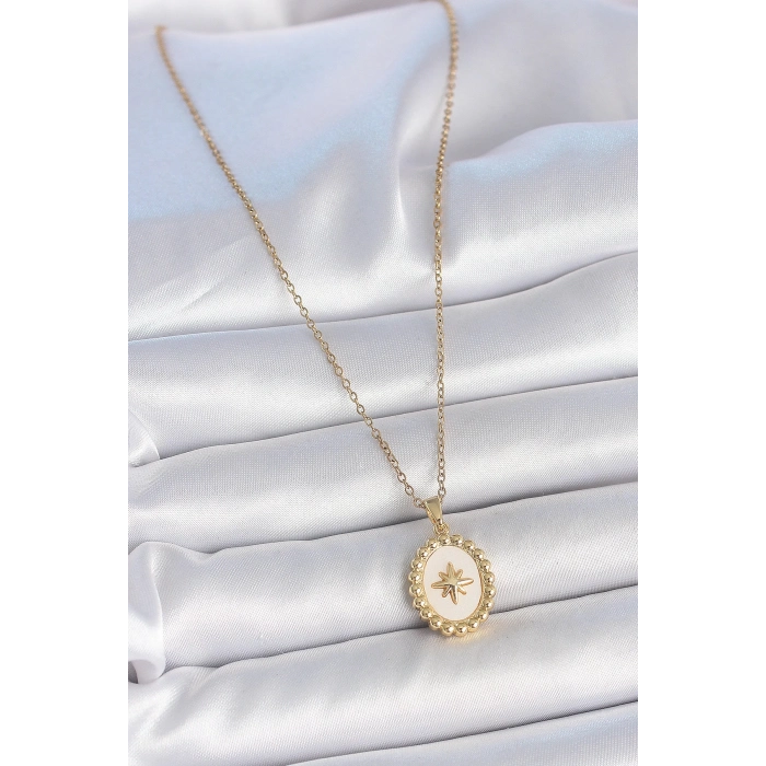 BFS 316L Çelik Gold Renk Zincir Beyaz Mineli Kutup Yıldız İşlemeli Madalyon Model Kadın Kolye