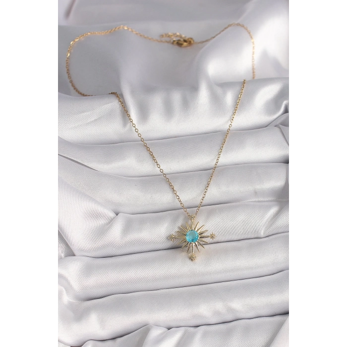 BFS 316L Çelik Gold Renk Zincir Mavi Taş Detaylı Kuzey Yıldız Model Kadın Kolye