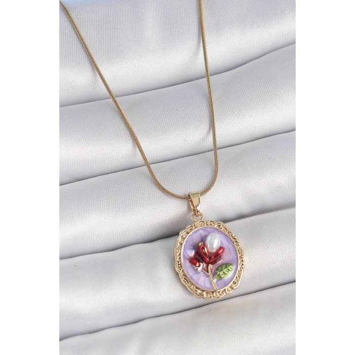 BFS 316L Çelik Gold Renk Zincir Mor Mineli İncili Çiçek İşlemeli Portre Model Kadın Kolye