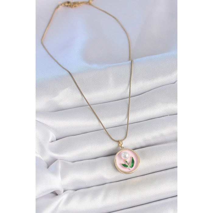 BFS 316L Çelik Gold Renk Zincir Pembe Mineli İncili Çiçek İşlemeli Portre Model Kadın Kolye