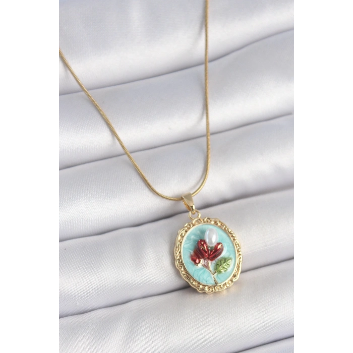 BFS 316L Çelik Gold Renk Zincir Turkuaz Mineli İncili Çiçek İşlemeli Portre Model Kadın Kolye