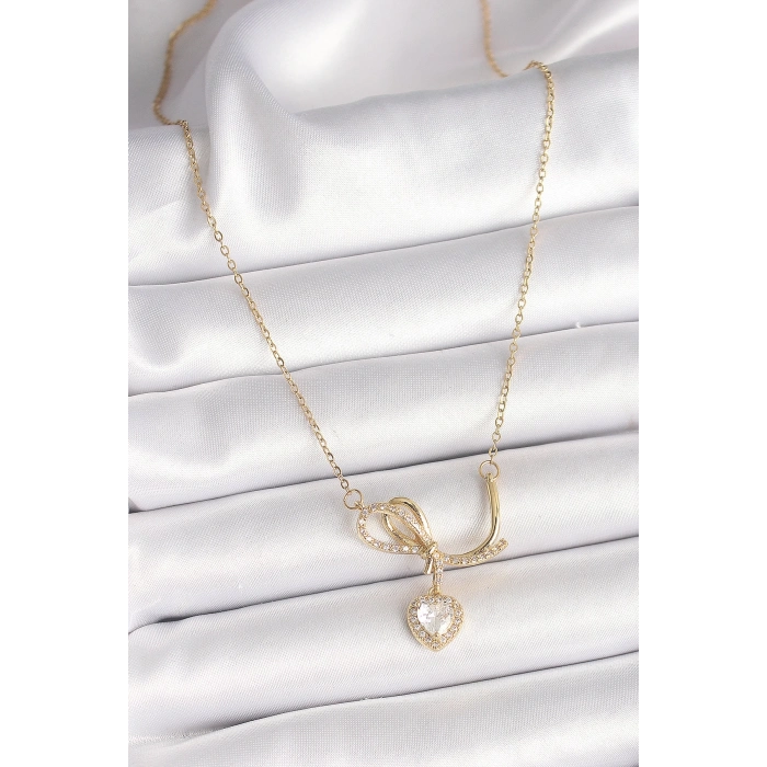 BFS 316L Çelik Gold Renk Zincir Zirkon Taşlı Düğüm Sallantı Kalp Model Kadın Kolye
