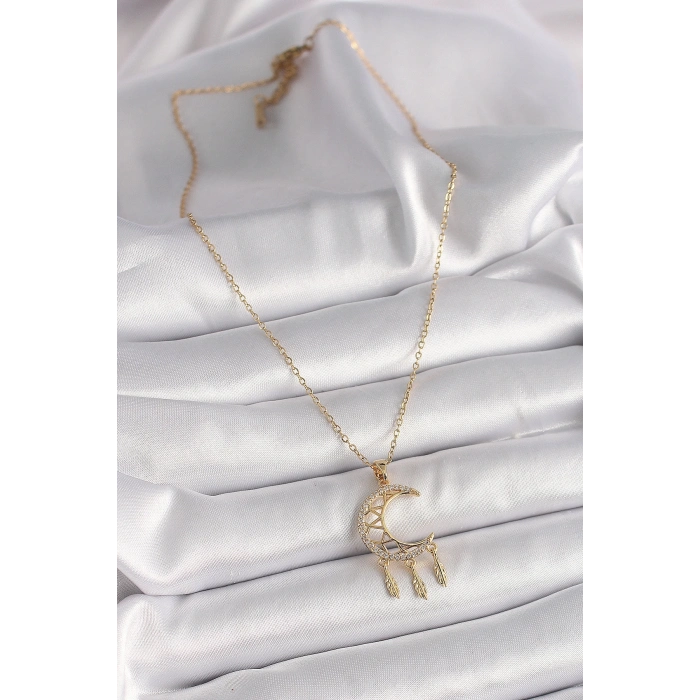 BFS 316L Çelik Gold Renk Zincir Zirkon Taşlı Hilal Model Sallantı Yaprak Detay Kadın Kolye