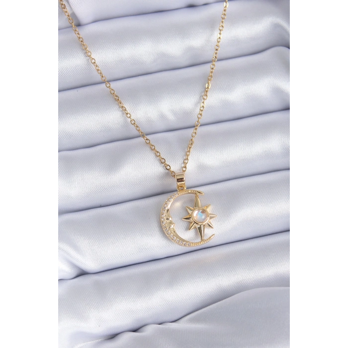 ÇOK SATAN BFS 316L Çelik Gold Renk Zirkon Taşlı Ay Yıldız Model Kadın Kolye