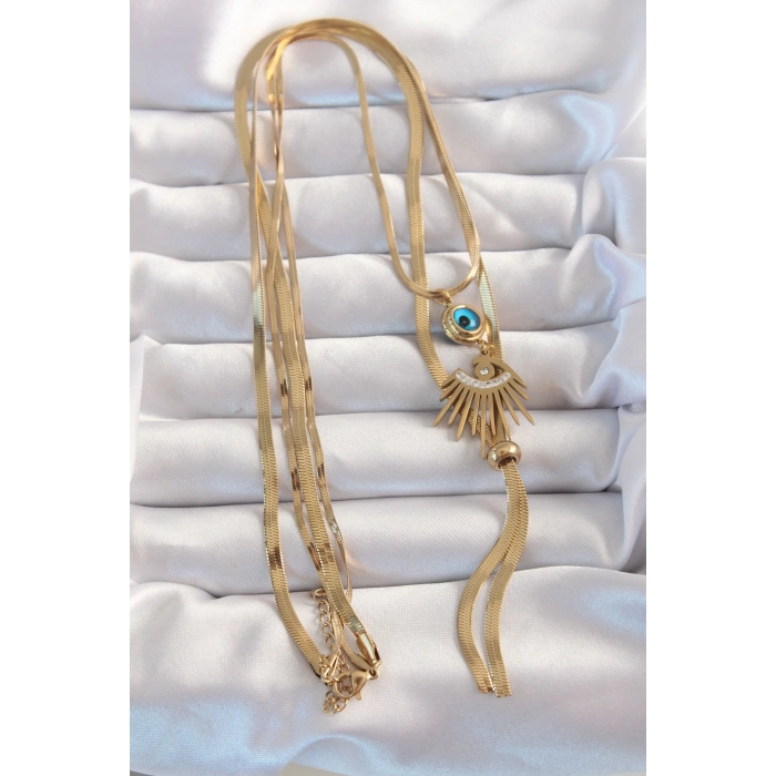 BFS 316L Çelik Gold Renk Zirkon Taşlı Göz Detay Nazarlı Uzun Asansör Model Kolye