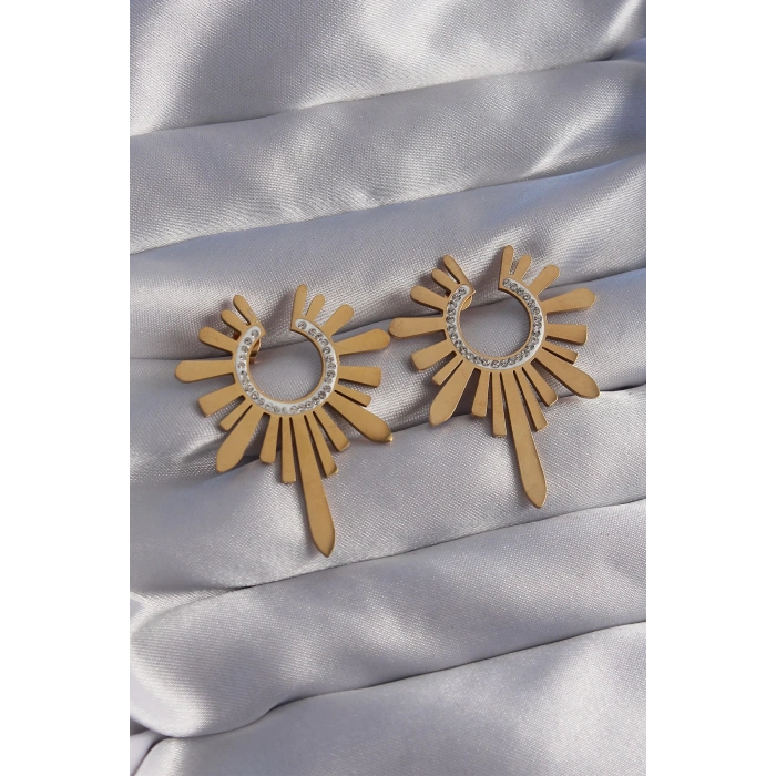 BFS 316L Çelik Gold Renk Zirkon Taşlı Güneş Figürlü Küpe
