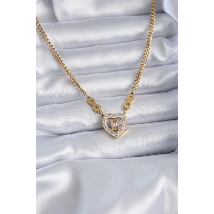 ÇOK SATAN BFS 316L Çelik Gold Renk Zirkon Taşlı Kalp Model Sonsuzluk Detay Kadın Kolye