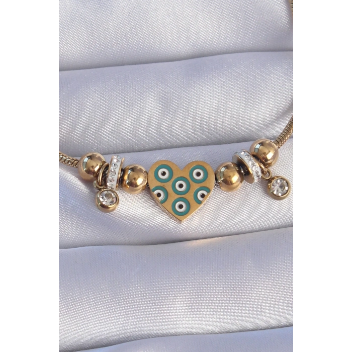 ÇOK SATAN BFS 316L Çelik Gold Renk Zirkon Taşlı Nazarlı Kalp Tasarımlı Bileklik