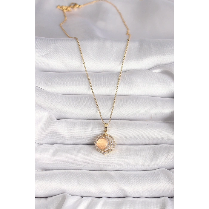 BFS 316L Çelik Gold Renk Zirkon Taşlı Turuncu Sedefli Hilal Model Kadın Kolye